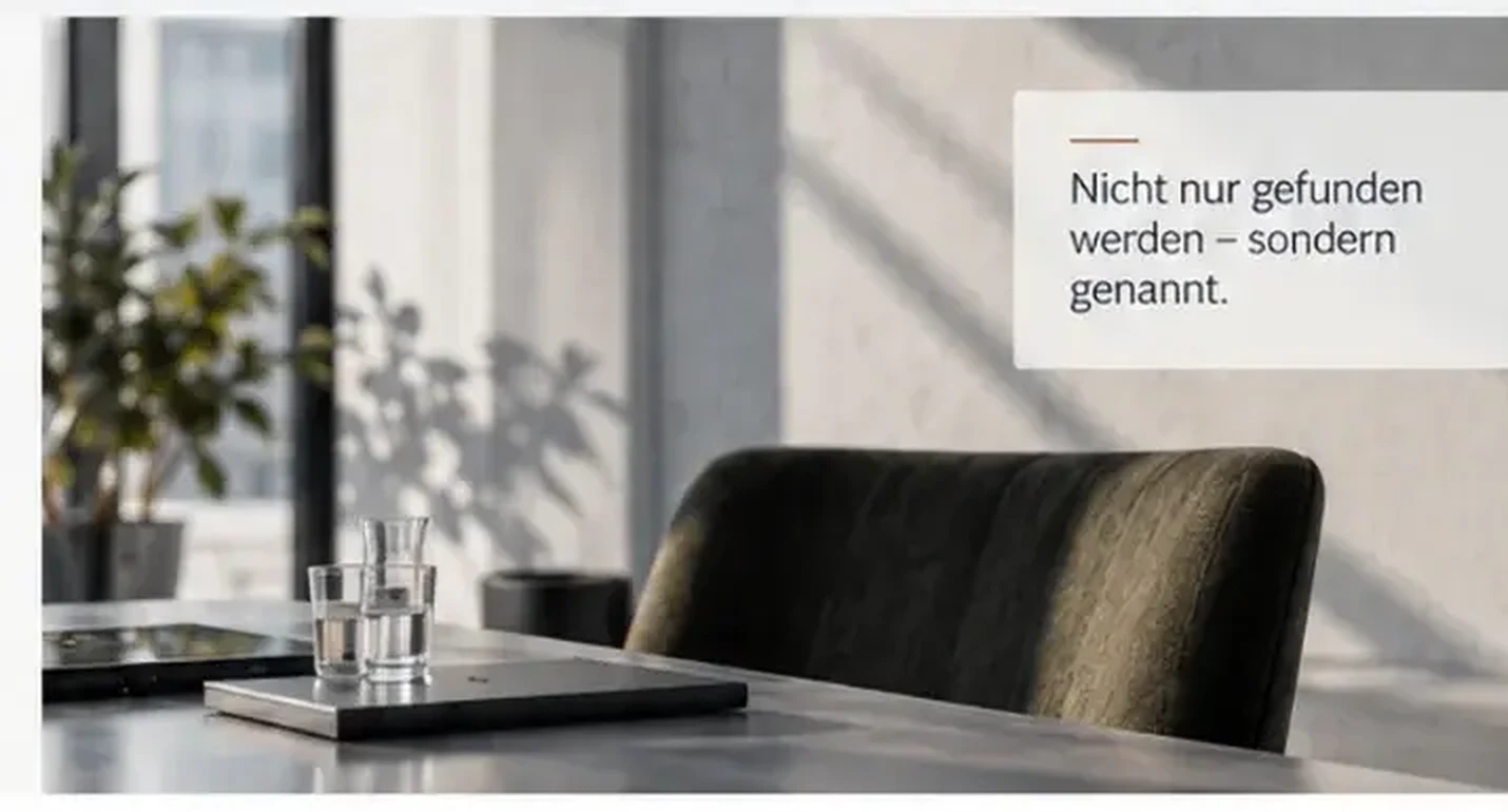 Besprechungsraum für strategische GEO-Beratung mit dem Hinweis: Nicht nur gefunden werden – sondern genannt.